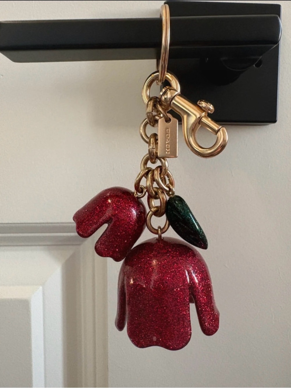 Coach Red Glitter Sweater Charm Key & Card Holder with Gold Hardware